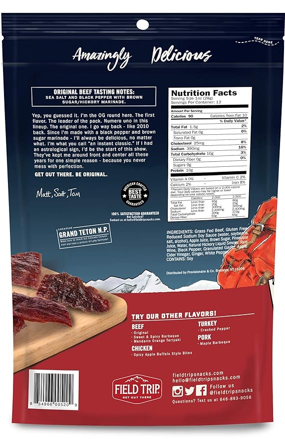 Field Trip Beef Jerky, Gluten Free Jerky, Low Carb, Healthy High Protein Snacks with No Nitrates, Made with All Natural Ingredients, Original, 12oz Bulk Bag