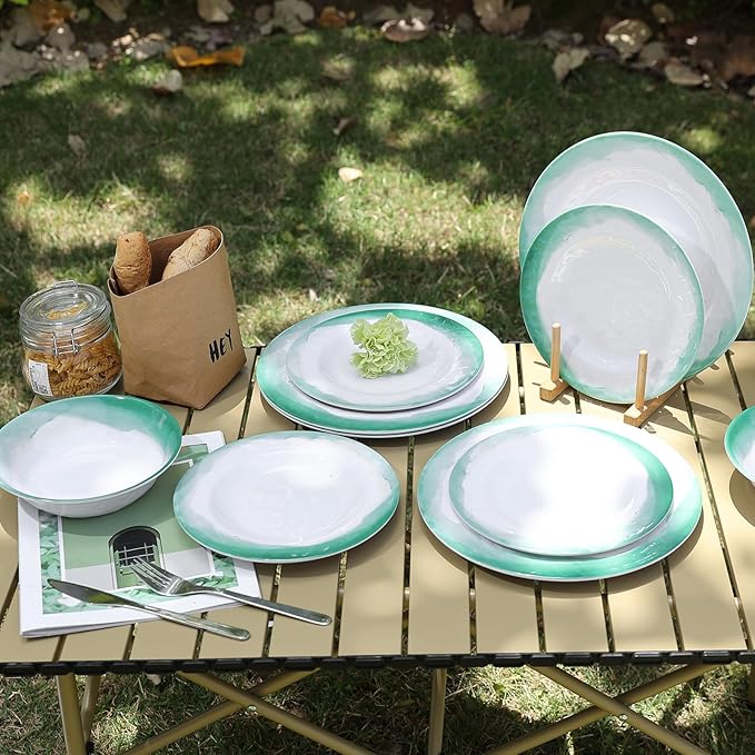 Melamine Dinnerware Sets, 12pcs Plates and Bowls Set, service for 4, Dishwasher Safe, Indoor and Outdoor Use, Green Melamine dishes