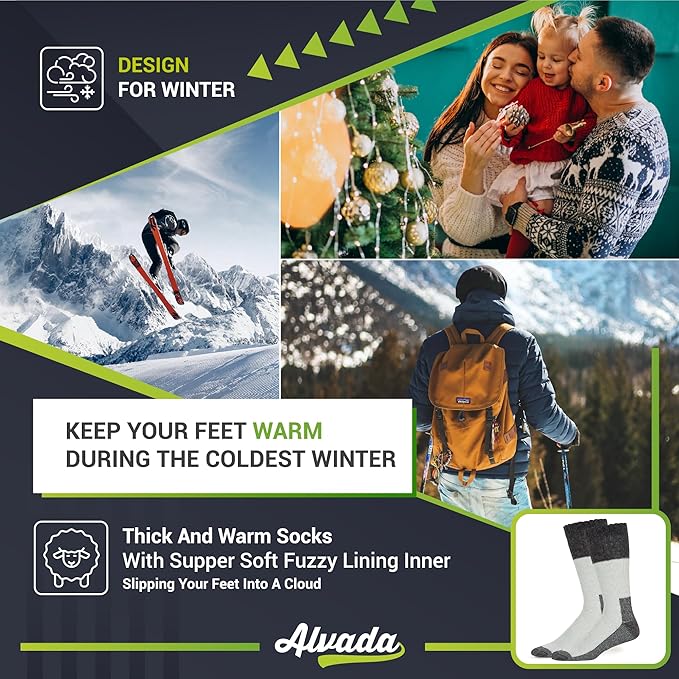 Alvada Merino Wool Hiking Socks Thermal Warm Crew Winter Boot Sock For Men & Women 3 Pairs