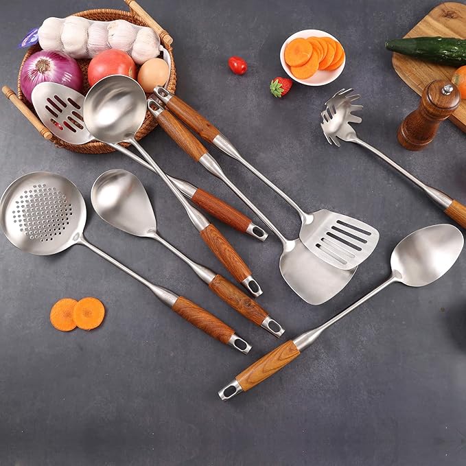 18/10 Stainless Steel Kitchen Utensils Set with Wood Handle - 15”Metal Cooking Tools & Serving Utensil, 8-Pieces Cooking Spoons Set - Spatula, Ladle, Skimmer, Turner, Pasta, Solid Spoon, Slotted Spoon