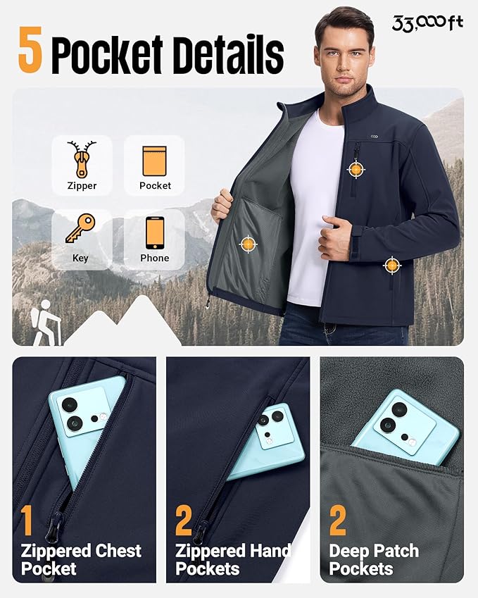 33,000ft Men's Waterproof Softshell Jacket Warm Fleece Lined Windbreaker Lightweight Soft Shell for Travel Hiking Golf