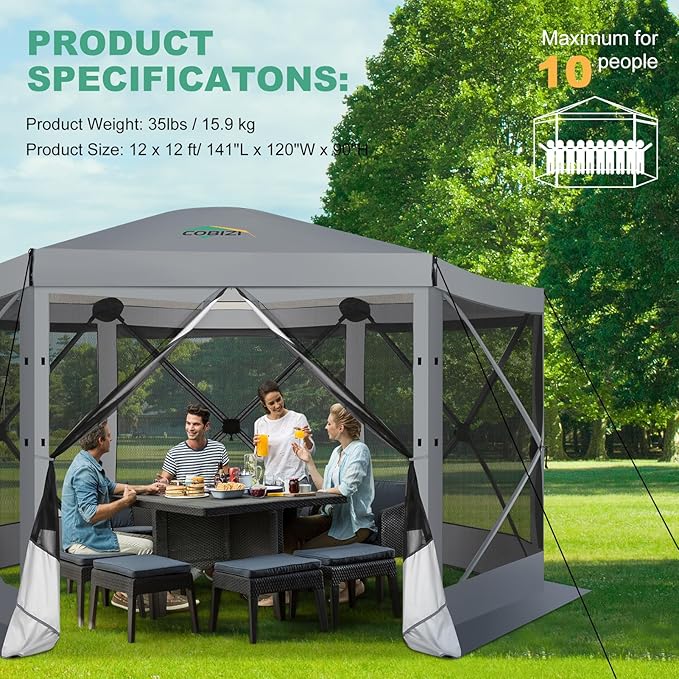 COBIZI 12x12 Pop up Gazebo Screen House Tent for Camping, Outdoor Canopy with Removable Roof&Mosquito Netting, Portable Hub with Carrying Bag and Ground Stakes, Grey