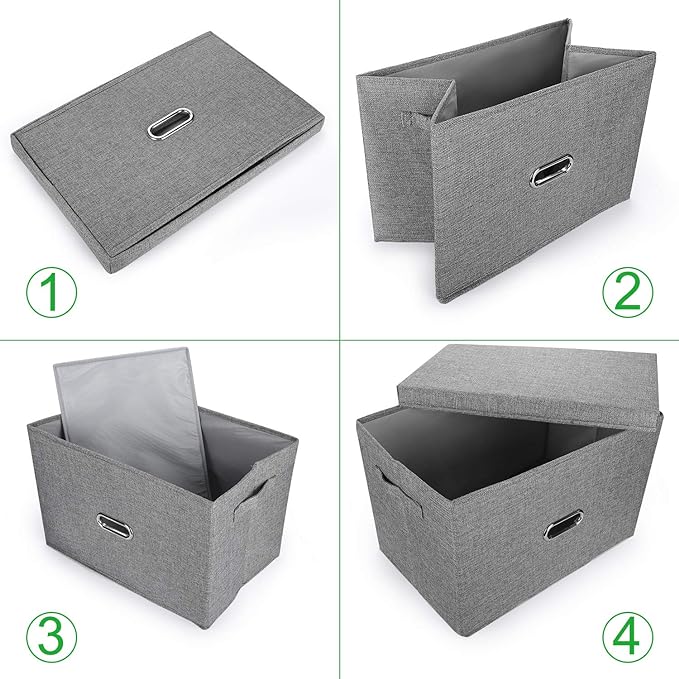 Linen Fabric Collapsible Storage Bins with Removable Lids and Handles, Washable Storage Box Containers Baskets Cube with Cover for Bedroom,Closet,Office,Living Room,Nursery (Grey, Medium)