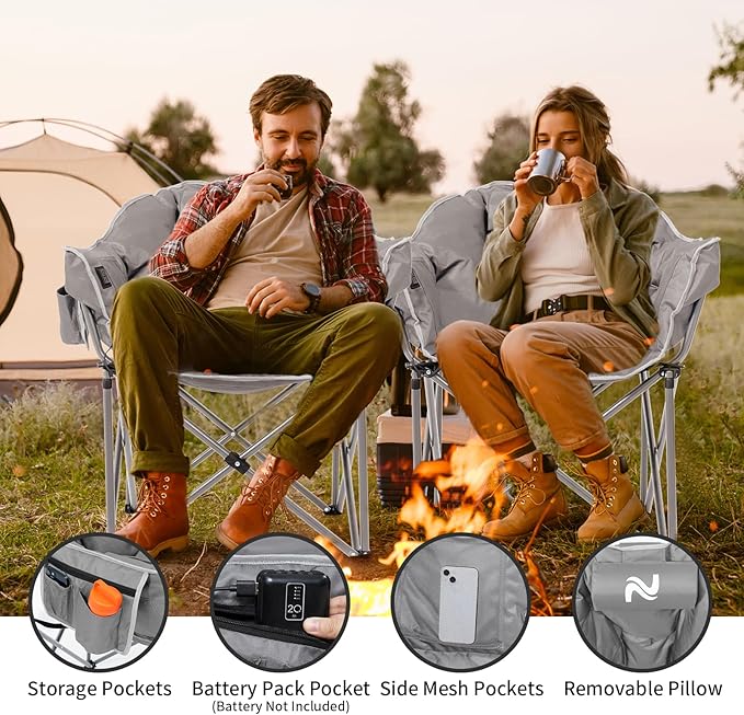 2 Pack Oversized Heated Camping Chair, 3 Heating Levels Soft Padded Camp Chairs with Pillow and Storage Bag, Portable Folding Outdoor Heated Moon Chair for Lawn Patio Beach and Picnics, Grey