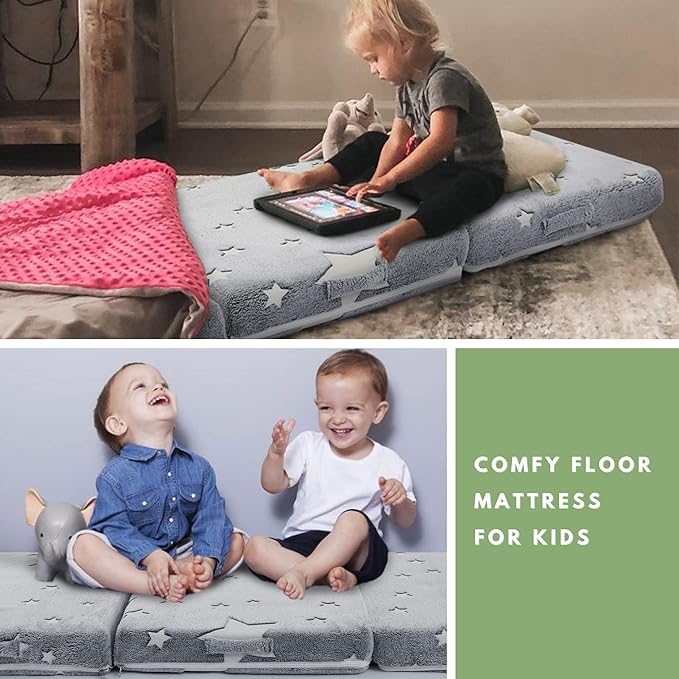 MeMoreCool Foldable Floor Mattress for Kids, Toddler Floor Nap Mat for Sleeping Daycare, Small Child Foldable Mattress Floor Bed, Trifold Futon Portable Tri Folding Mattress, Glow 63x26 Inch
