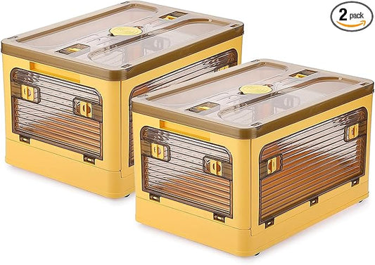 2 Pack Plastic 4 Doors Collapsible Storage Bins with Lid & Wheels, 28 Liters Folding Storage Bins, Stackable Multifunctional Box for Camping Clothes Snack Storage