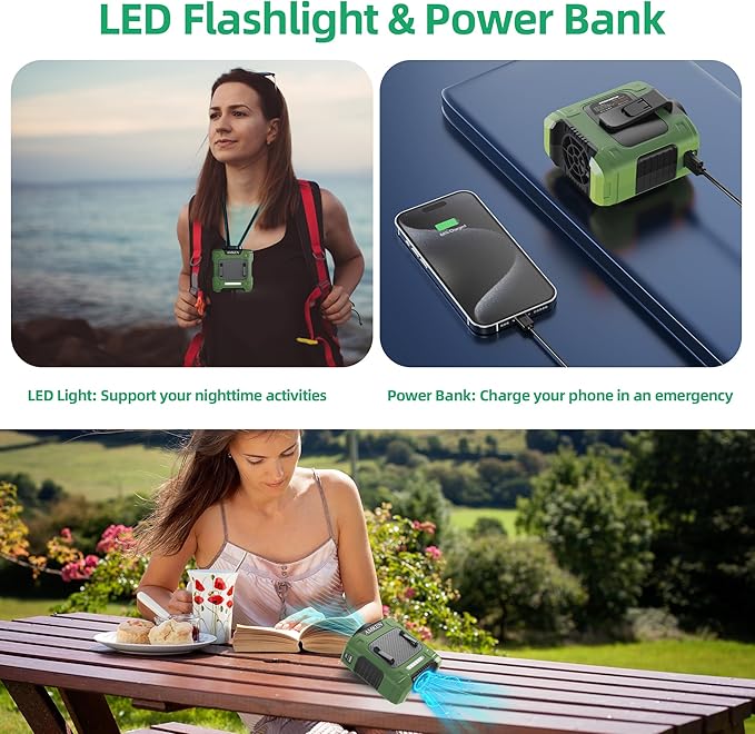 AMKEN Waist Fan - 3-Speed Clip-On Belt Fan, 16000RPM Strong Airflow, 24H Rechargeable Battery (10000mAh), LED SOS & Red-blue Light - Portable Cooling for Jobsite, Camping, Fishing, Outdoor