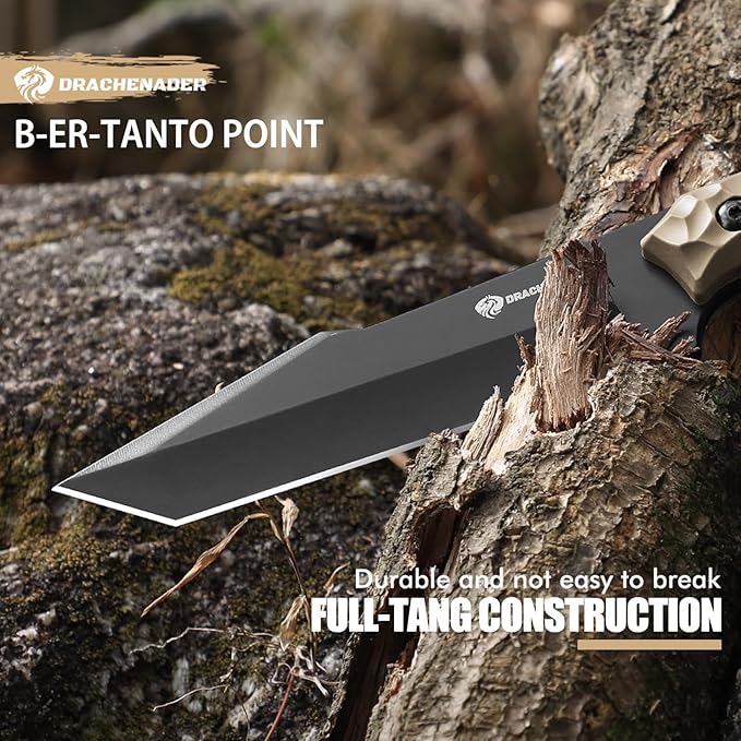 B-ER-TANTO POINT Fixed Blade Tanto Knife with Sheath, 5cr14mov Steel, 9.29" Tactical Knife for Men with Full Tang Design, Khaki