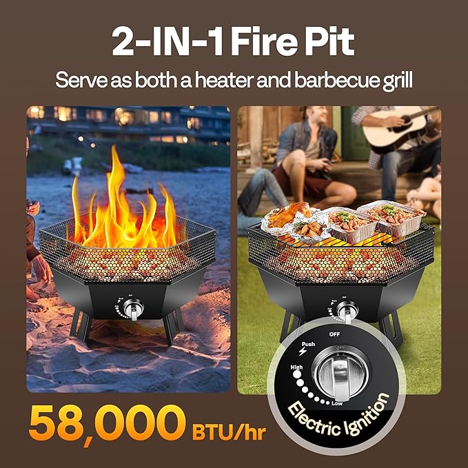 VIVOHOME Portable 58,000 BTU Propane Fire Pit with Grill, 20-Inch Smokeless Outdoor Design with Carry Bag, Tank Holder, Ideal for Patio, Backyard, Camping, Tailgating, Deck, RV