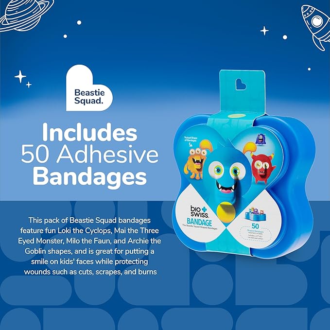 BioSwiss Bandages, Beastie Squad Shaped Self Adhesive Bandage, Latex Free Sterile Wound Care, Fun First Aid Kit Supplies for Kids and Adults, 50 Count