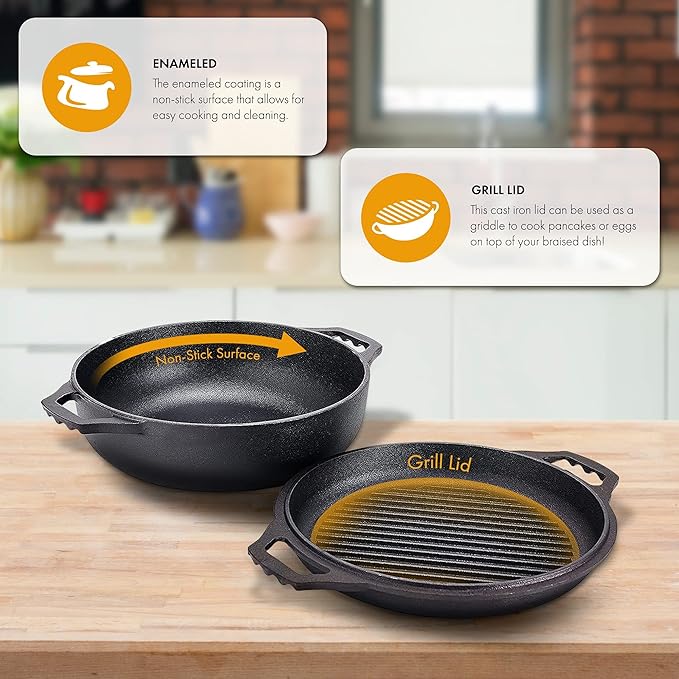 Bruntmor 2-in-1 Pre-Seasoned Cast Iron Dutch Oven with Dual Handles, Cocotte Double Braiser Pan with Grill Lid 3.3 Quarts - BBQ Grill, Fryer - Outdoor Cookware Set with Dual Handles, Camping,- Black