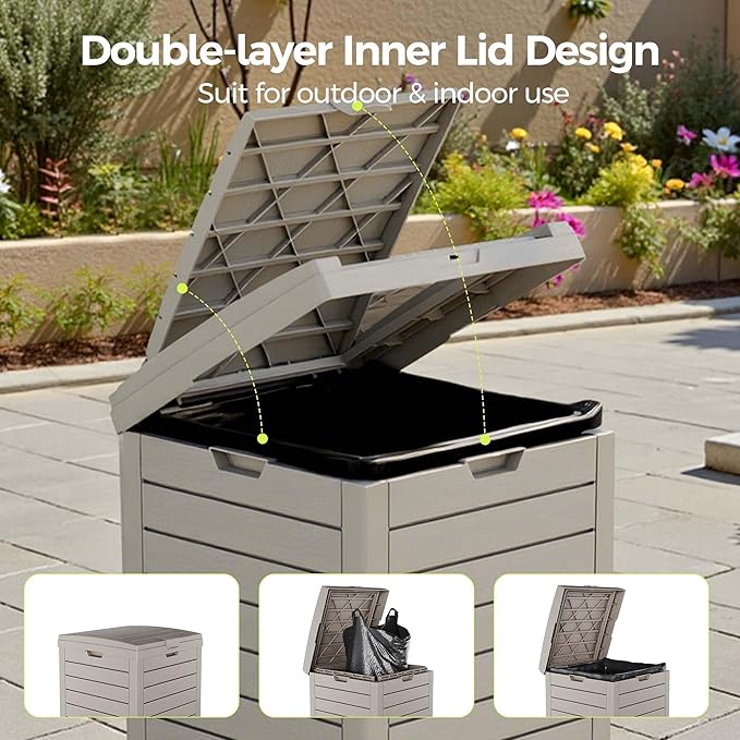 38 Gallon Outdoor Trash Can Waterproof Resin Garbage Can with Tiered Lid & Drip Tray Indoor and Outdoor Use Trash Bin for Patio Kitchen, Backyard & Deck, Gray