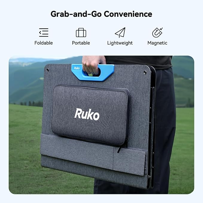 Ruko RK200 200W Portable Solar Panel, Foldable Monocrystalline Panel Charger with 23.5% Efficiency, Charging Expansion Box, IP67 Waterproof, Adjustable Kickstand for RVs, Camping, Blackout