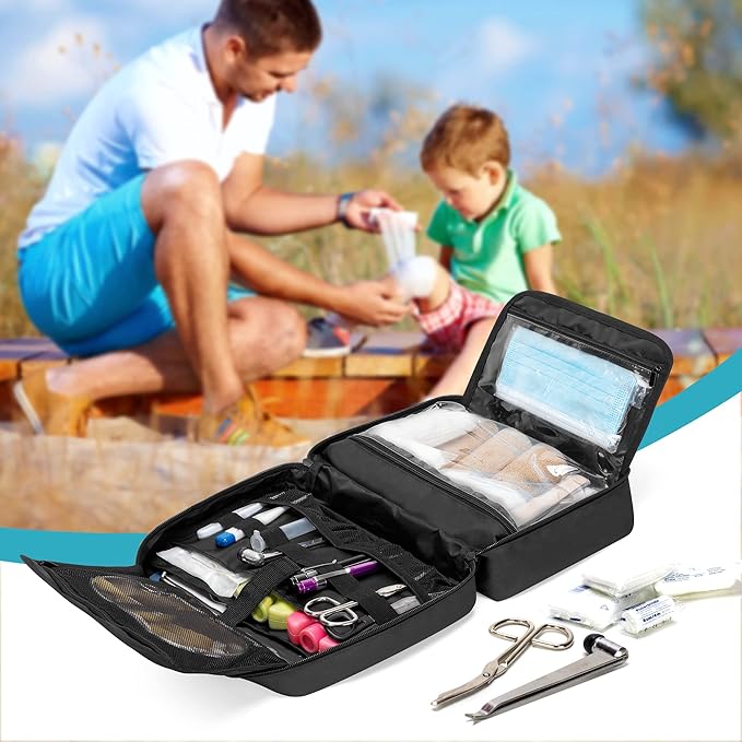 Trunab Portable First Aid Bag Empty, Medical Supplies Bag with 2 Inner Flap, Emergency Trauma Bag for Accessories, Black