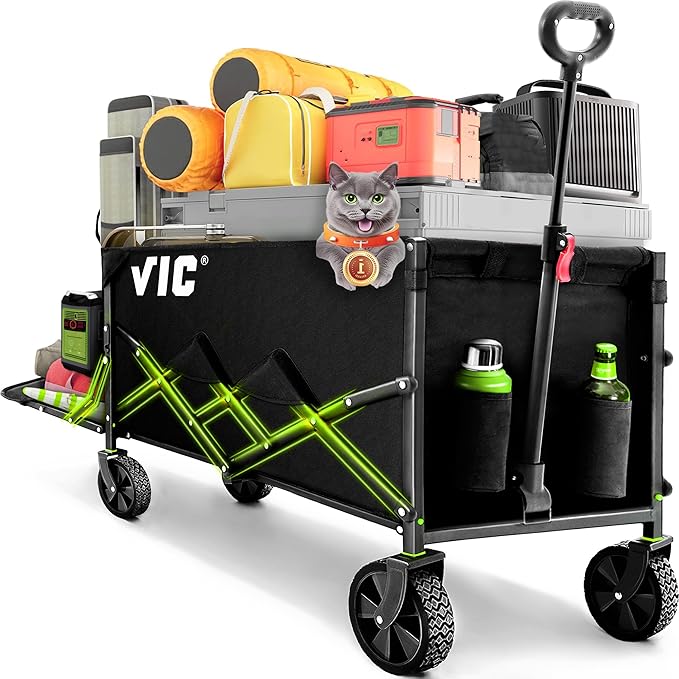 VIC Collapsible Folding Wagon Extra Long Extender Wagon Cart,Beach Wagons Cart Heavy Duty Foldable, Utility Grocery Car with Side Pocket for Camping Garden Sports, V1