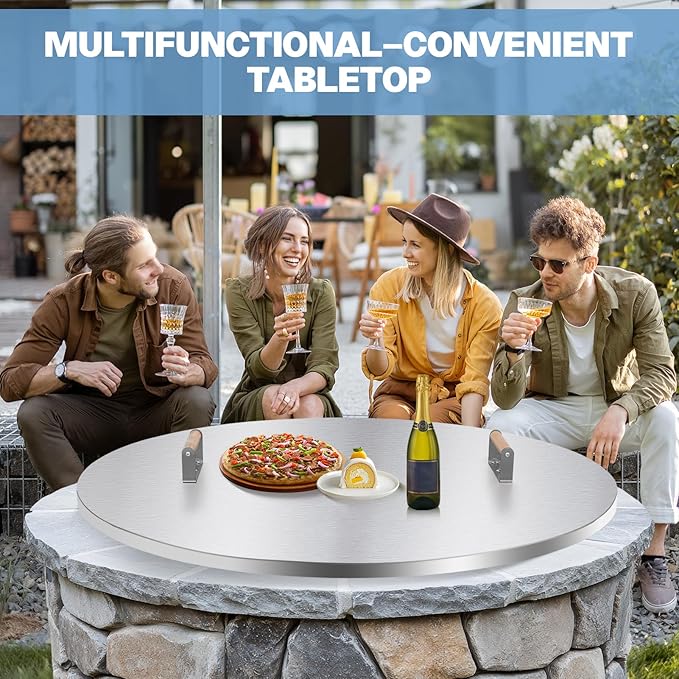 Fire Pit Lid Cover Round - 38" Stainless Steel Rust Resistant Firepit Cover or Table with 2 Wooden Handles for Patio Fire Pit, Weatherproof for All Seasons, Fits Fire Pits Up to 36"