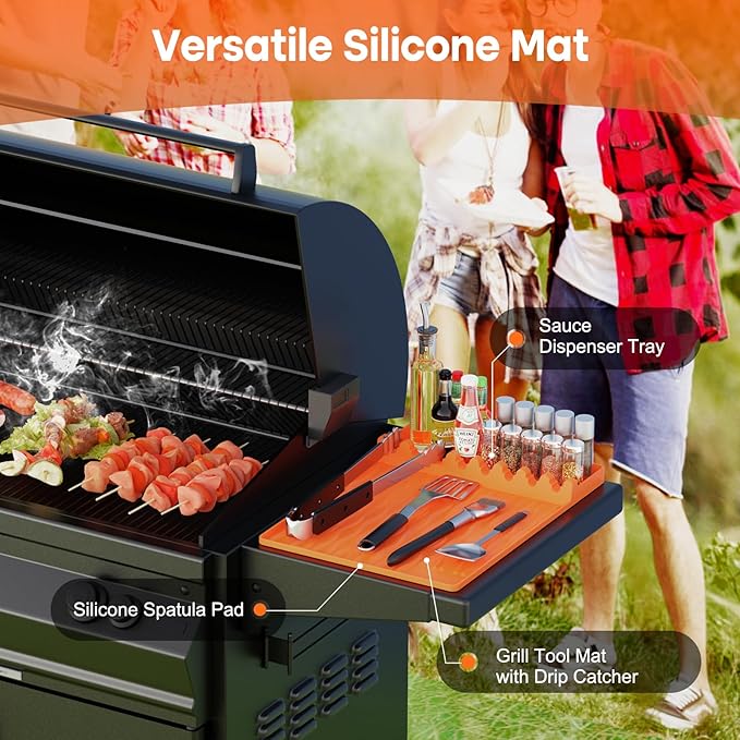2-Pack Silicone Griddle Mat for Blackstone – Heat-Resistant Utensil Holder with Drip Tray, Non-Slip BBQ Tool Organizer for Grill, Kitchen Countertop & Outdoor Cooking Accessories(Orange)