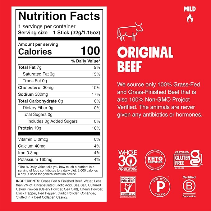 Chomps Grass-Fed and Finished Original Beef Jerky Snack Sticks 10-Pack - Keto, Paleo, Whole30, 10g Lean Meat Protein, Gluten-Free, Zero Sugar Food, Non-GMO