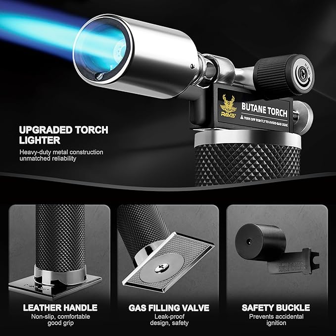 RAVS Butane Torch Lighter, Refillable Butane Kitchen Torch with Safety Lock and Adjustable Flame, Creme Brulee Torch for Baking, BBQ, Blow Torch for Cooking, Black, Butane Gas Not Included