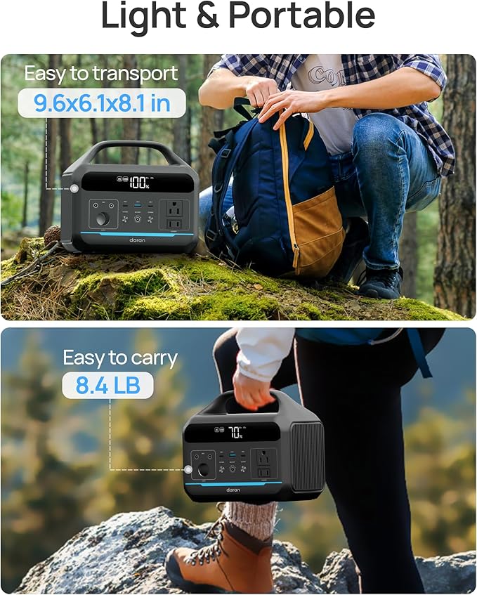 DARAN Portable Power Station 600W(1200W Surge) - 288Wh(90,000mAh) Solar Generator LiFePO4 Battery with AC DC Outlets, 8.3LB Portable Charging Station for Camping, RV, Home, Emergency (Solar Optional)