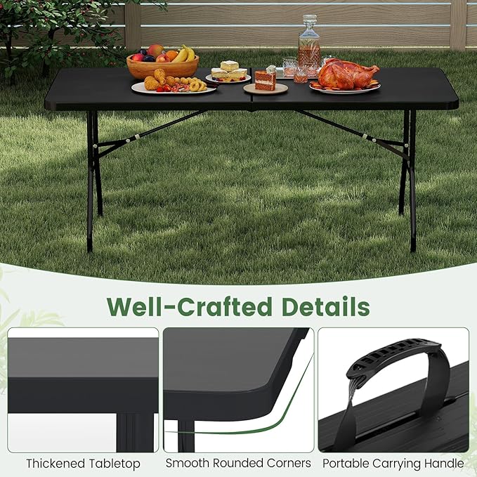 GYMAX 6FT Folding Table, Portable Lightweight Camping Table with Carry Handle, Easy Fold Up Rectangle Indoor/Outdoor Collapsible Table for Camp, Picnic, BBQ, Patio (Black (No Umbrella Hole))