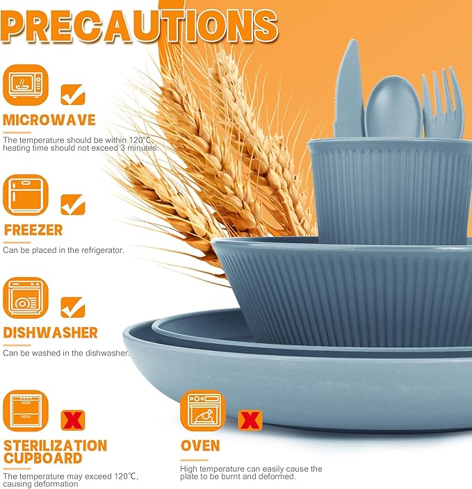 42 Pieces Kitchen Plates and Bowls Set - OAMCEG Plastic Dinner Set for 6, Plastic Wheat Straw Dinnerware Set, College Dorm Microwave Dishes, Unbreakable Plastic Outdoor Camping Dishes, Dark Blue