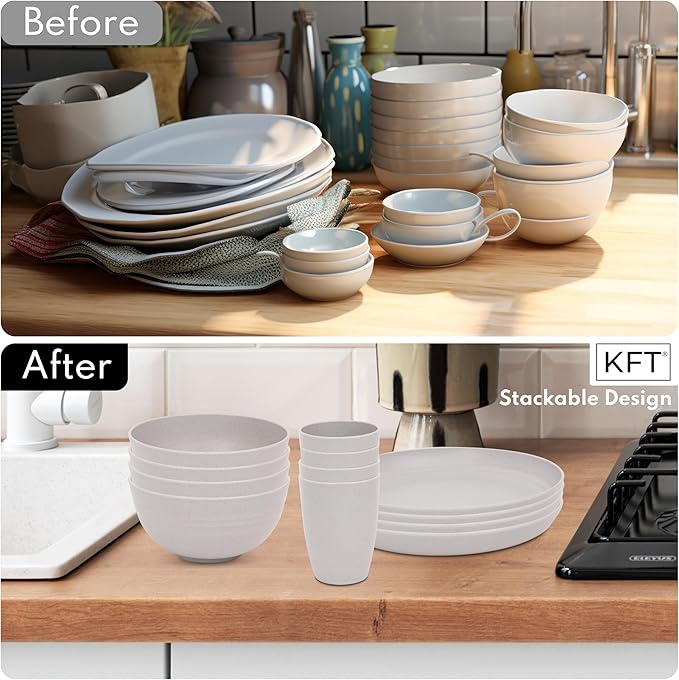 Wheat Straw Dinnerware Sets for 4 - KFT Lightweight & Unbreakable Dishes Microwave & Dishwasher Safe Perfect for Camping, Picnic, RV, Dorm Plates, Cups and Bowls (Gray)