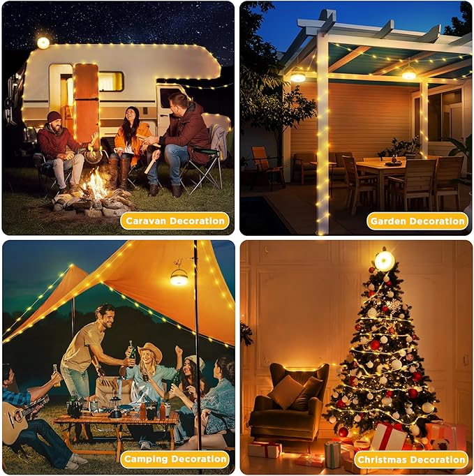 Solar Camping String Lights, 33FT 3000mAh Retractable 4 in 1 Camp Lights with 8 Modes, Portable Rechargeable Camp Lamp, Camping Lamp Outdoor Waterproof, Tent Light for Party, Yard, Hiking