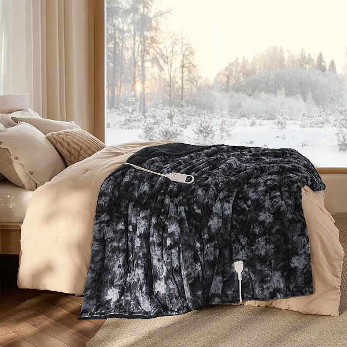 Bedsure Faux Fur Heated Blanket Twin Size, Fast Heating Electric Blanket Twin Size with 6 Heating Levels & 10 Time Settings, Cozy Gifts for Women Men (62x84 inches, Black)