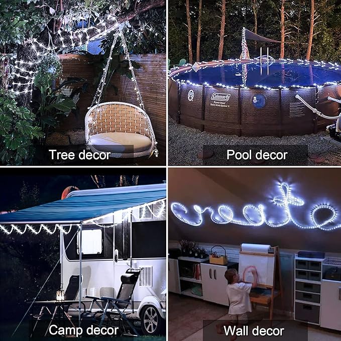 JMEXSUSS 200 LED Solar Rope Lights for Pool, 72ft 8 Modes Solar Rope Lights Outdoor Waterproof LED Solar Powered Rope Tube Fairy Lights for Fence,Gazebo,Yard,Walkway,Path,Garden Decor(White)