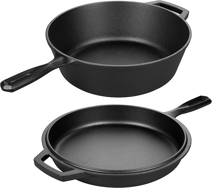 Pre-seasoned Cast Iron Double Dutch Oven Pot with Skillet Lid, for Bread Baking, Outdoor, Campfire Cooking, 3 Quart