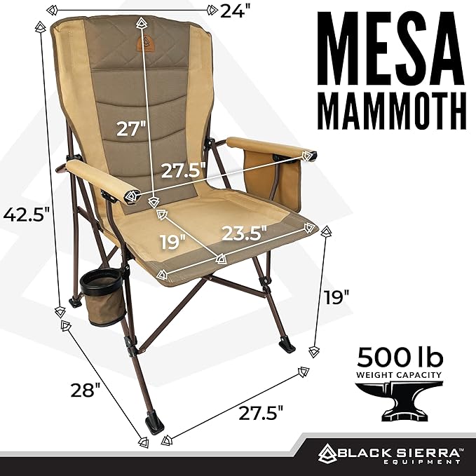 Black Sierra Oversize Camping Chair for Adults Supports 500 lbs, XL Heavy Duty Hard Arm Folding Chair, Steel Frame Durable Padded Outdoor Seat, Portable Fold Up Chair w/Cup Holder and Storage Bag