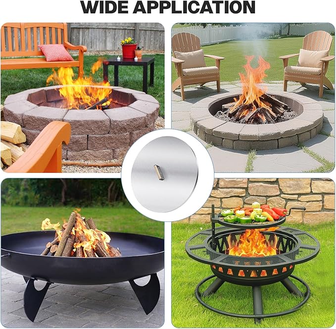 Fire Pit Lid Cover Round - 28" Stainless Steel Rust Resistant Firepit Cover or Table with A Wooden Handle for Patio Fire Pit, Weatherproof for All Seasons, Fits Fire Pits Up to 26"