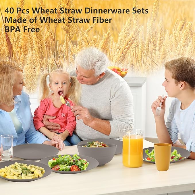 40 Pieces Plates and Bowls Sets, Wheat Straw Dinnerware Sets Service for 8, Camping Plates, Cereal Bowls and Drinking Cups, Lightweight and Reusable Plastic Dinnerware Sets (Grey)