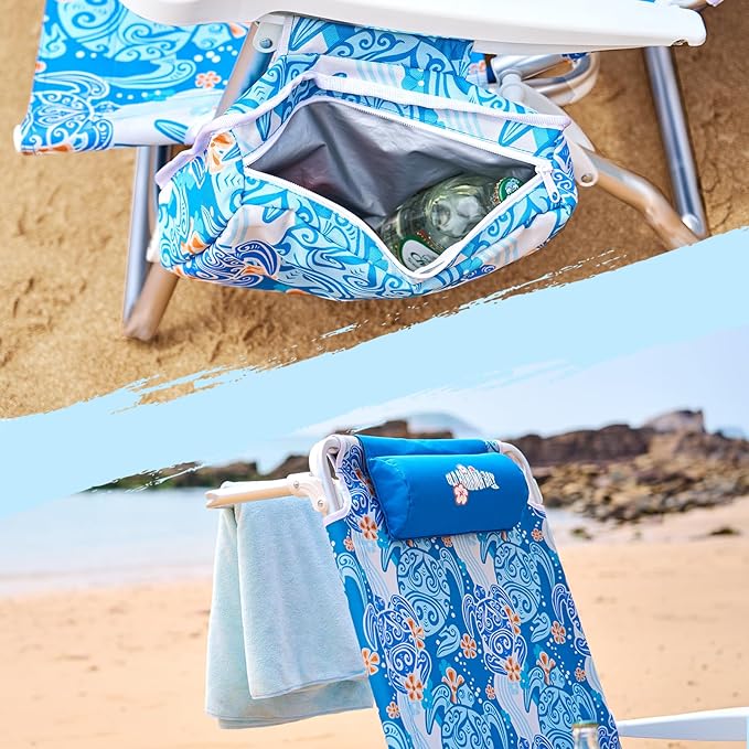 Reclining Beach Chair Backpack 5-Position Lay Flat Lounge Chair for Adults Heavy Duty Portable Folding Lightweight with Cooler Bag Camping Chair for Sand Outdoor