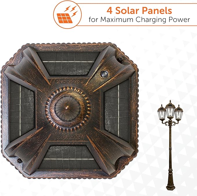 Gama Sonic Royal Bulb Solar Lamp Post Light Kit, 89 inch Tall, Outdoor Triple Head Weathered Bronze Cast Aluminum, Rain Water Glass Light Pole, Warm White 2700K 98B303 (Upgraded Panel)