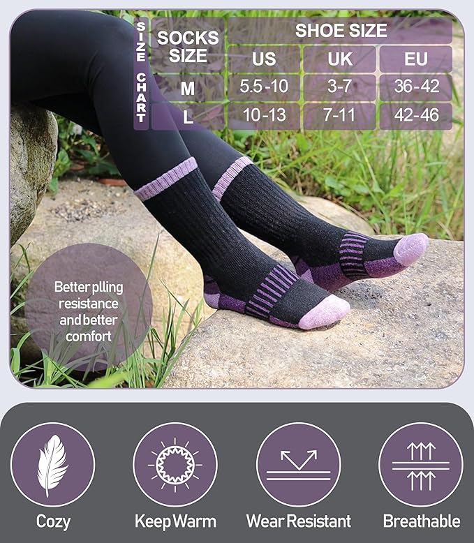 DYW Womens Merino Wool Hiking Socks Thermal Warm Winter Boot Crew Socks Cushion Work Walking Gift Socks 5 Pairs