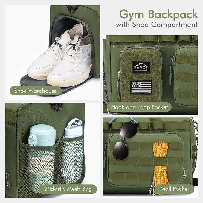 BAGZY Tactical Gym Bags for Men 3 In 1 Travel Duffle Bag 40L with Shoe Compartment Travel Backpack Fitness Weekender Deployment with 1pcs Tactical Toiletry Bag Green
