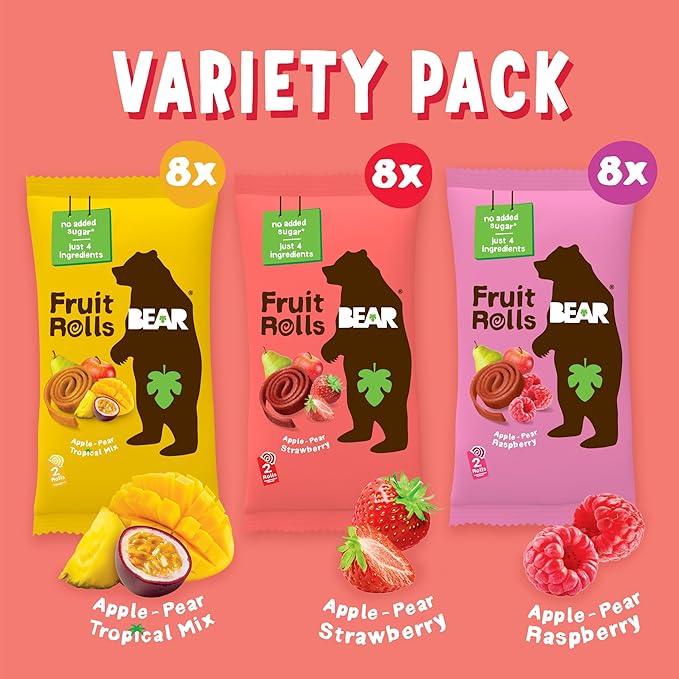 BEAR Real Fruit Snack Rolls - Gluten Free, Vegan, and Non-GMO - Variety Pack (Strawberry, Raspberry, Tropical)) – 48 Rolls, Healthy School And Lunch Snacks For Kids And Adults, 0.7 Ounce (Pack of 24)