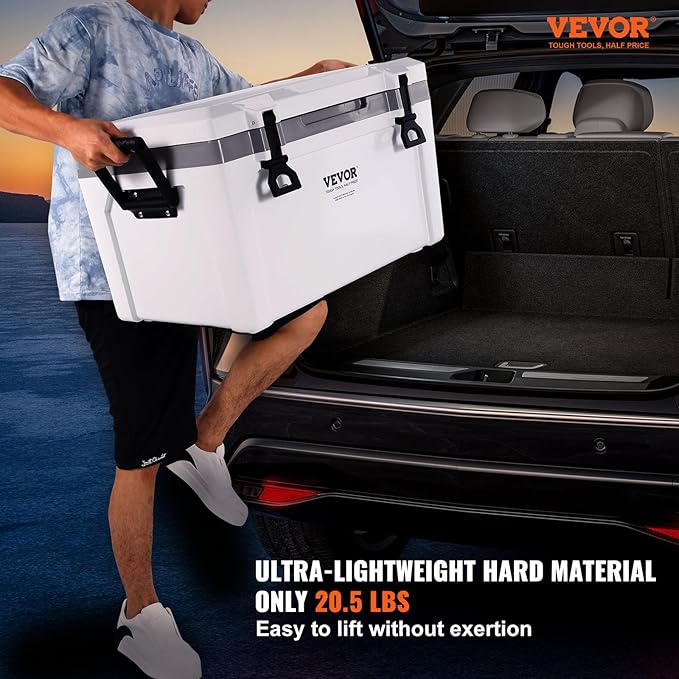 VEVOR Ultra-Light Hard Cooler, Ice Retention Cooler with Heavy Duty Handle, Ice Chest Lunch Box for Camping, Travel, Outdoor, Keeps Cool for up to 6 Days, 30% Lighter Than Rotomolded Coolers