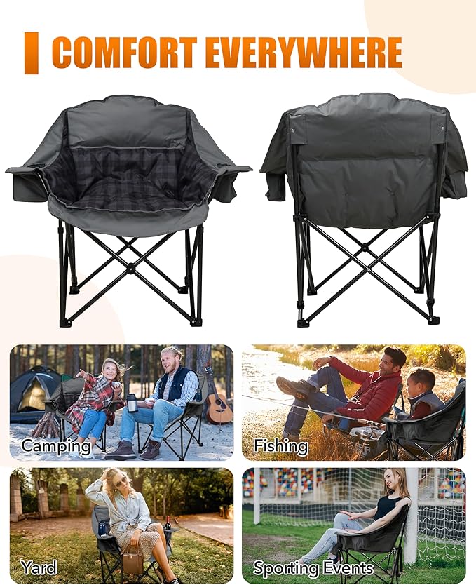 2 Pack Oversized XL Camping Chair for Adults, Heavy Duty Padded Folding Camp Chairs with Cup Holder, Supports 500lbs, Large Outdoor Widen Comfy Lawn Chairs for Tailgating Sports Beach Yard