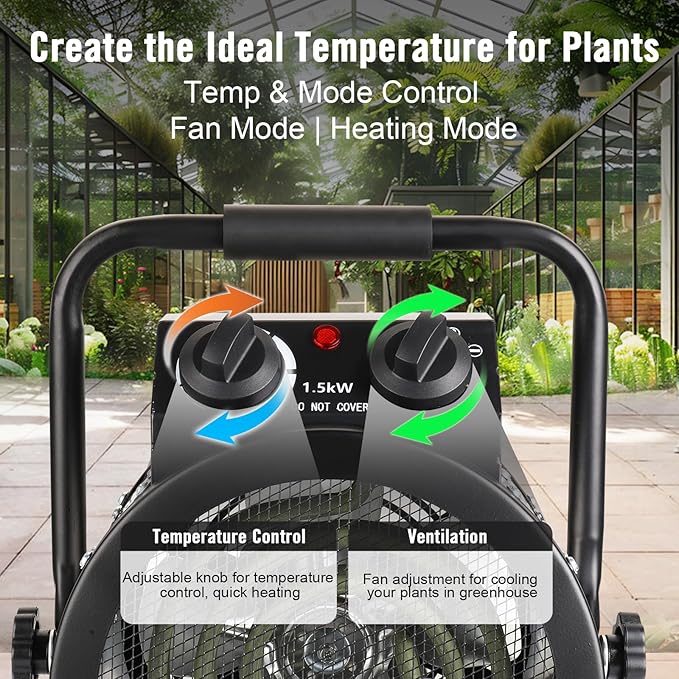 Greenhouse Heater with Digtal Thermostat, 1500W Electric Greenhouse Heaters, Fast Heating with Overheat Protection, Grow Tent Heater for Green House, Outdoor, Patio, Flower Room, Sliver