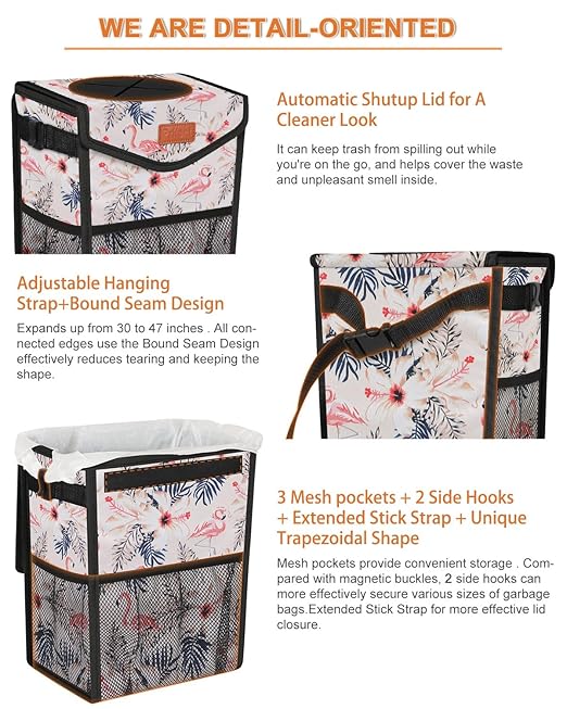 Car Trash Can with Lid, Cute Leakproof Car Trash Garbage Bag Hanging Vehicle Trash Bin Small Portable Automotive Garbage Cans Organizer for Back/Front Seat/Console(2.8 gal,Flamingo Print