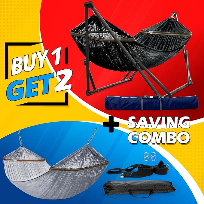 Tranquillo Universal Hammock with Stands Electro Static Coated Steel, Adjustable Foldable Hammock Stand with 2 Layered Polyester Net and Carry Bag for 2 Persons (Combo - Black)