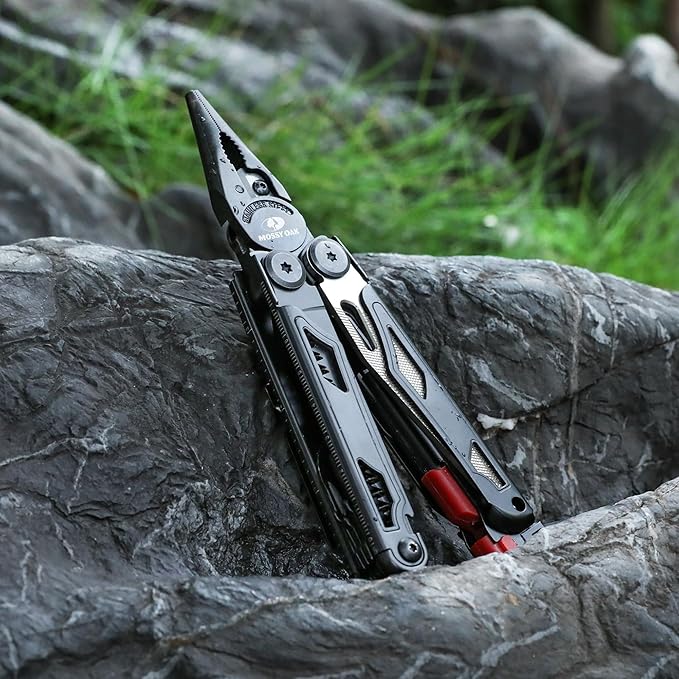 MOSSY OAK Multitool, 19-in-1 Stainless Steel Multi Tool Pliers, Survival Tools with Fire Starter, Window Breaker, Whistler, Self-locking EDC Gear with Sheath for Outdoor, Survival, Camping, Hiking