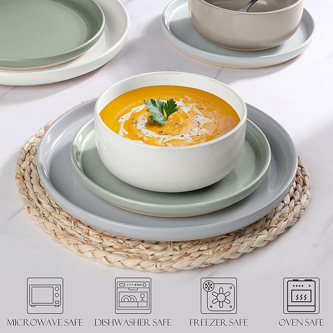LIANYU 12 Piece Ceramic Dinnerware Set, Stoneware Dinner Dish Set for 4, Kitchen Modern Dishware Plates and Bowls, Scratch Resistant, Assorted Colors