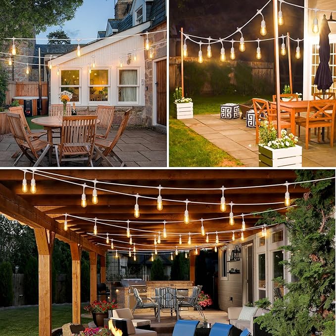 96FT(2 * 48FT) Outdoor String Lights with Remote, Dimmable Patio Lights with 30+4 3 Modes 4 Timers LED Bulbs for Deck Gazebo, White 2 Pack
