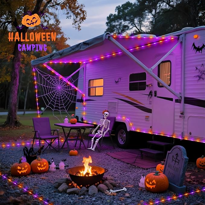 JMEXSUSS Orange Purple Halloween Solar Lights, 66 ft 200 LED Purple Rope Lights Outdoor Waterproof, Orange Christmas String Lights for Halloween Fall Party Tree Christmas