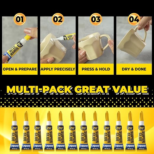 12ร3g Mini Super Glue Clear Liquid, All Purpose Single Use Superglue Heavy Duty Strong for Plastic Ceramic Glass Metal Repair, Instant Cyanoacrylate Adhesive Bonding Wood Miniatures 3D Print