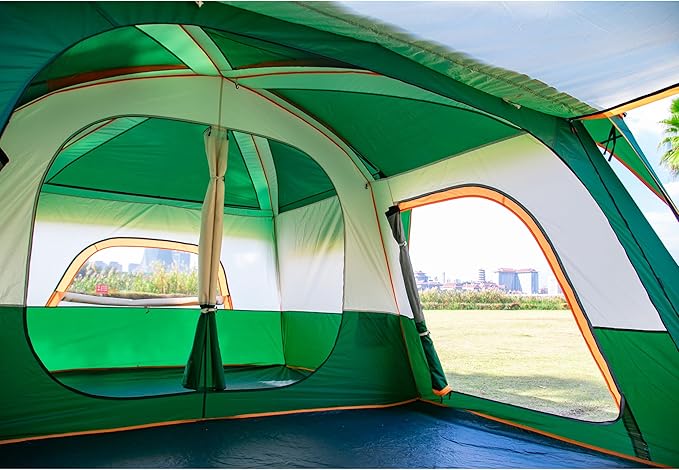 KTT Extra Large Tent 6-10-12-14 Person(A),Family Cabin Tents,2 Rooms,3 Doors and 3 Windows with Mesh,Straight Wall,Waterproof,Double Layer,Big Tent for Outdoor,Picnic,Camping,Family Gathering